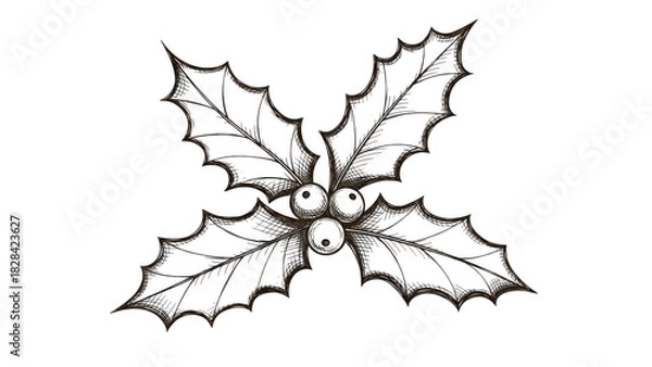 Obraz Stylized Holly Leaves And Berries Line Art On Black