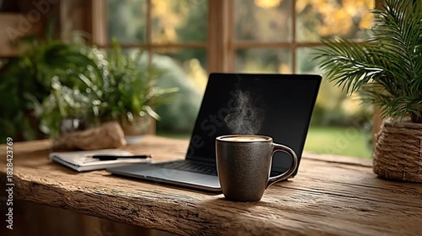 Fototapeta Modern home office desk with open laptop, notepad, coffee mug, and ambient daylight coming through a large window.