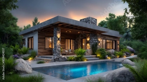 Fototapeta Modern house with wooden panels, elegant nighttime ambiance, clear stars in the background sky, poolside reflections and calm design.
