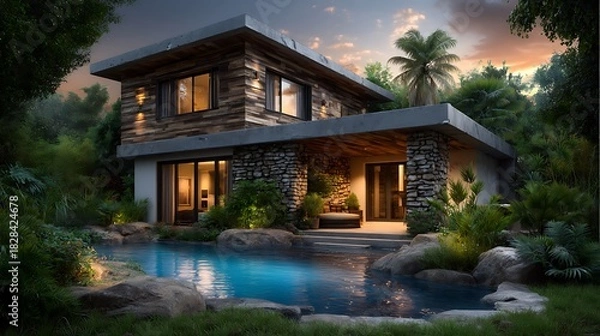 Fototapeta Modern house with wooden panels, elegant nighttime ambiance, clear stars in the background sky, poolside reflections and calm design.