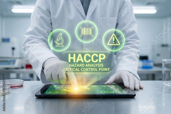 Obraz Scientist using digital tablet with futuristic HACCP hazard analysis hologram interface in laboratory for smart food safety management and technology data