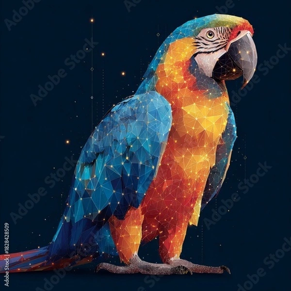 Obraz Low poly macaw silhouette with geometric patterns in blue and orange, glowing outlines on black background, modern digital art