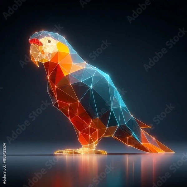 Obraz Low poly macaw silhouette with geometric patterns in blue and orange, glowing outlines on black background, modern digital art