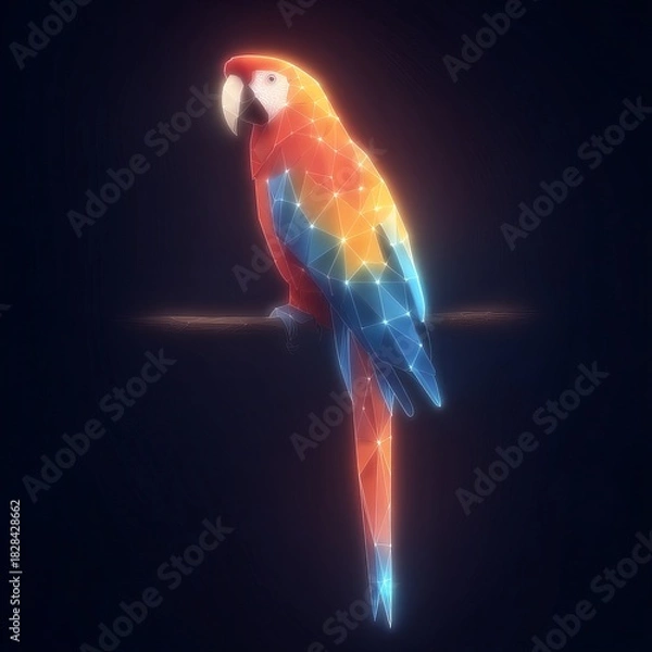 Obraz Low poly macaw silhouette with geometric patterns in blue and orange, glowing outlines on black background, modern digital art