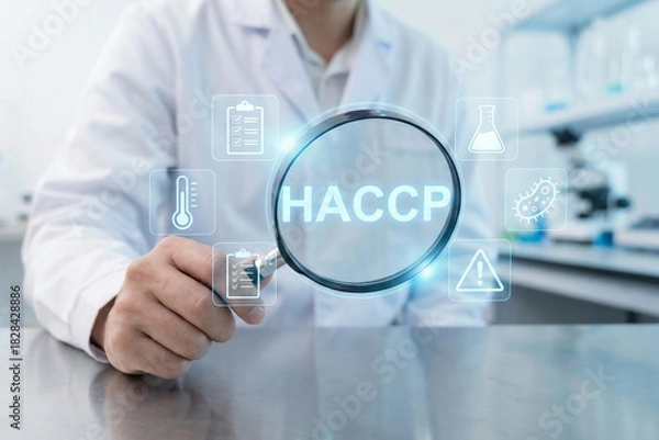 Fototapeta Laboratory researcher holding magnifying glass with HACCP acronym and scientific safety icons for detailed food quality inspection analysis concept and research
