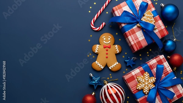 Fototapeta Christmas Gifts Gingerbread Man and Ornaments on Blue