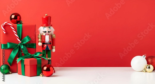 Fototapeta Christmas Nutcracker Gifts Red Background present