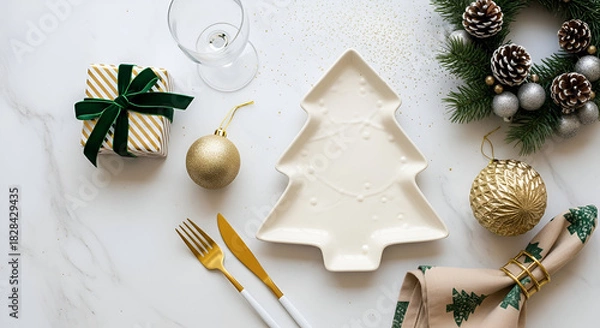 Fototapeta Christmas Table Setting with Tree Plate and Wreath