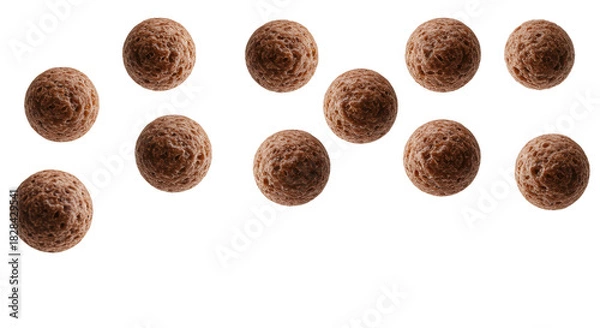 Fototapeta Dark brown, textured cereal puffs resembling chocolate cookie crisps, dynamically suspended mid-air against a seamless transparent background with copy space, concept for breakfast advertising