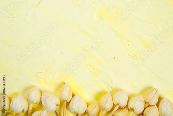 Fototapeta White tulip flower buds on a textured yellow background with copy space