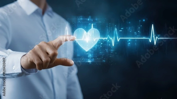 Obraz Man in white shirt touches illuminated heartbeat individual interacts with glowing heart rhythm display