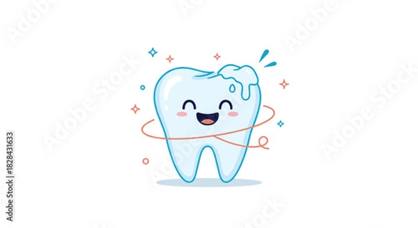 Fototapeta A cheerful cartoon tooth with cleaning foam, sparkles, and a toothbrushing swirl, promoting dental hygiene and health practices.