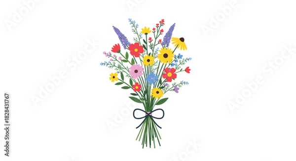 Fototapeta A vibrant and colorful bouquet of wildflowers tied with a black ribbon against a white background, perfect for various design uses.