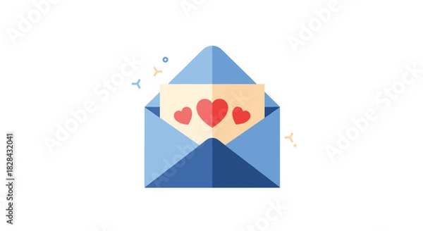 Fototapeta Flat design icon of a blue open envelope with a card inside featuring three red hearts.