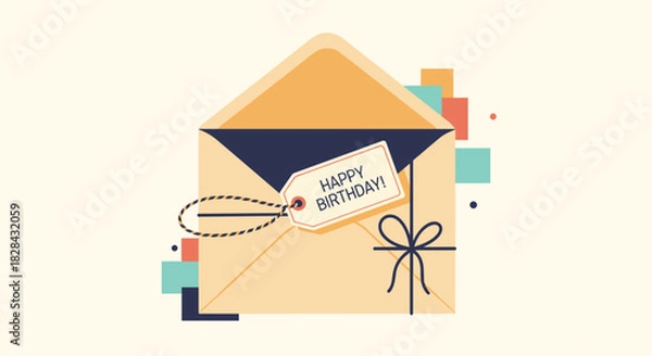 Fototapeta A festive illustration of a birthday card within an envelope with decorative elements and the words Happy Birthday written on a tag.