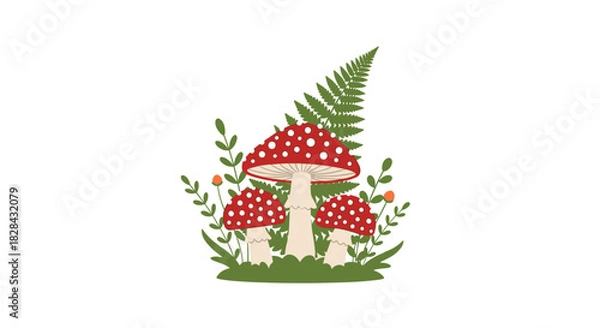 Fototapeta Illustration of fly agaric mushrooms surrounded by greenery, featuring a fern and small orange flowers, set against a clean white background.