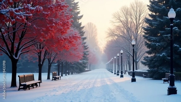 Obraz Winter Pathway with Scarlet Trees and Snowy Benches
