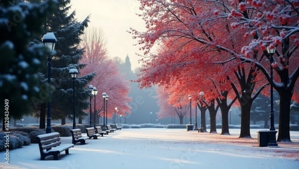 Obraz Snowy Park Pathway with Glowing Red Trees