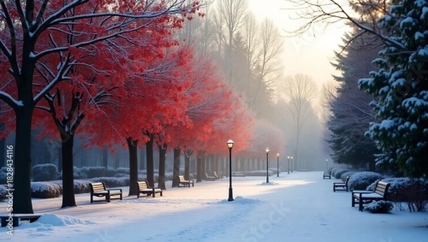 Obraz Snowy Park Pathway with Glowing Red Trees