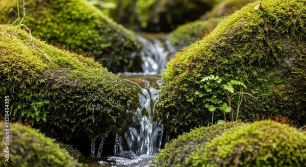 Fototapeta A close-up shot captures a small, gently flowing stream cascading over moss-covered rocks in a lush, green forest environment.