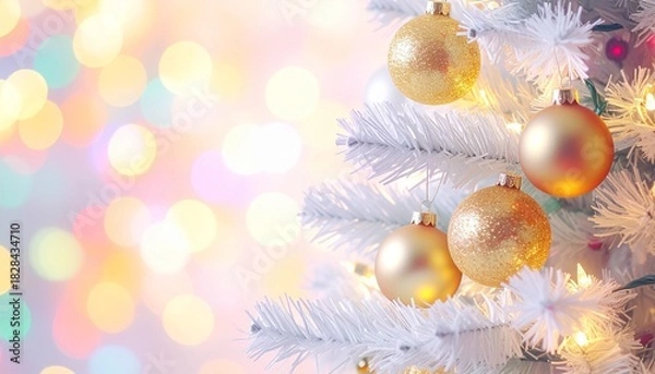 Fototapeta White Christmas tree with gold and red ornaments against colorful bokeh lights.