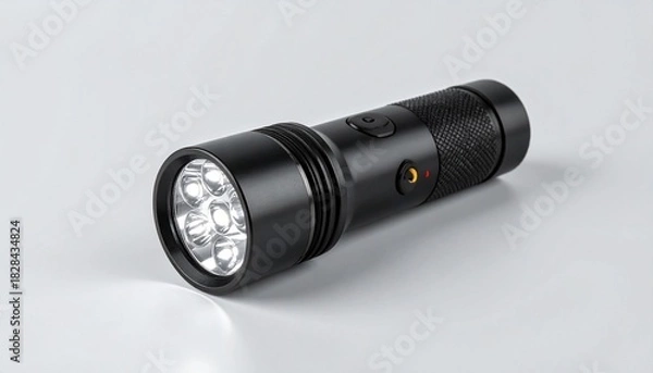 Fototapeta Black LED flashlight on light gray surface.