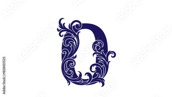 Obraz A decorative initial D in dark blue, featuring elaborate acanthus leaf scrolls and vintage filigree ornamentation.