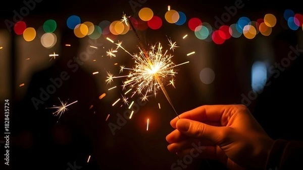 Fototapeta Hand holding sparkler with bright sparks against dark background