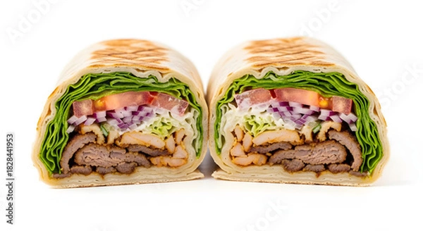 Obraz Delicious grilled chicken wrap with fresh vegetables on white background