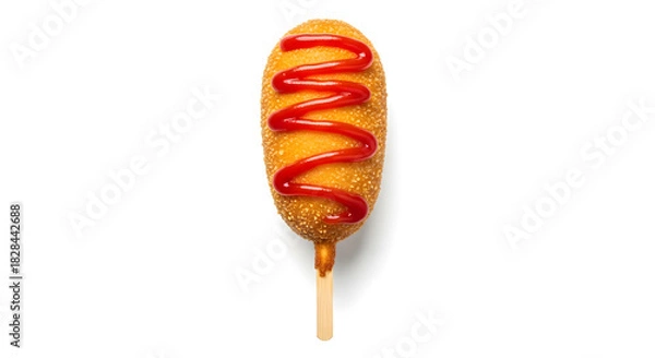 Obraz Corn dog with ketchup on white background, top view