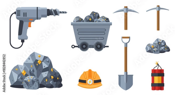 Fototapeta Mining Tools and Equipment - Drill, Cart, Pickaxes, Shovel, Helmet, and Dynamite.