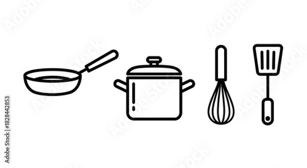 Fototapeta Kitchen Utensils - Frying Pan, Pot, Whisk, and Spatula Line Art.