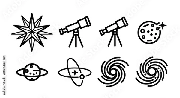 Fototapeta Collection of Celestial Objects and Astronomical Instruments in Line Art.