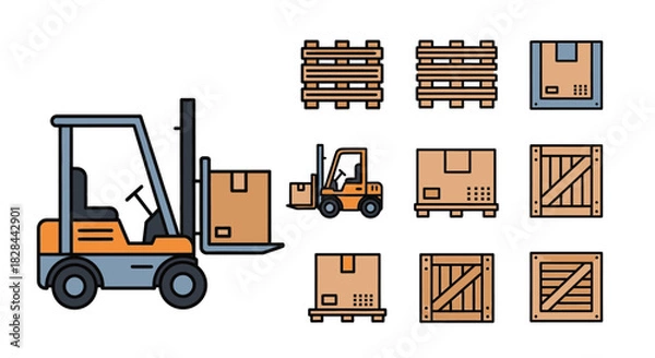 Fototapeta Forklift and Cargo Boxes - A Vector Illustration of Logistics and Transportation.