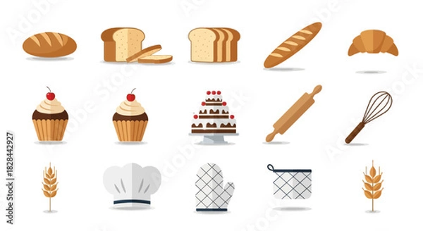 Fototapeta Bakery and Baking Tools Illustration Set for Culinary Designs.