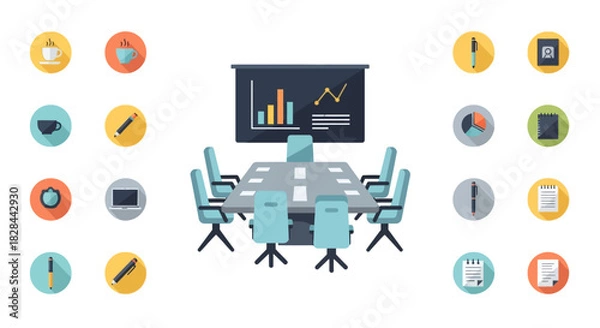 Fototapeta Conference Room with Data Presentation and Meeting Setup.