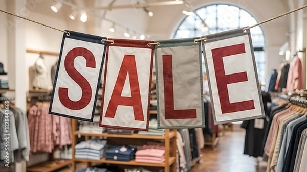 Obraz Fabric sale banners hanging on a rope inside a clothing store, creating a retail promotion display with apparel racks in the background