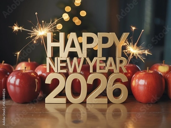 Obraz Happy new year 2026 greeting with golden 3D text, glowing sparklers and fresh red apples arranged on a wooden festive table