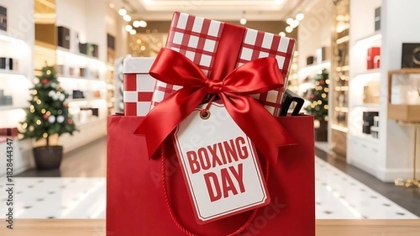 Fototapeta Red Boxing Day gift bag filled with wrapped presents and large satin ribbon, displayed in a bright holiday shopping mall with festive decor