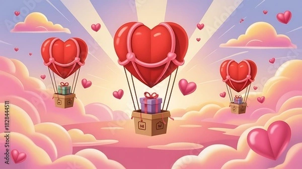 Fototapeta Romantic Valentine scene with heart-shaped hot air balloons carrying gift boxes through dreamy pink clouds at sunrise