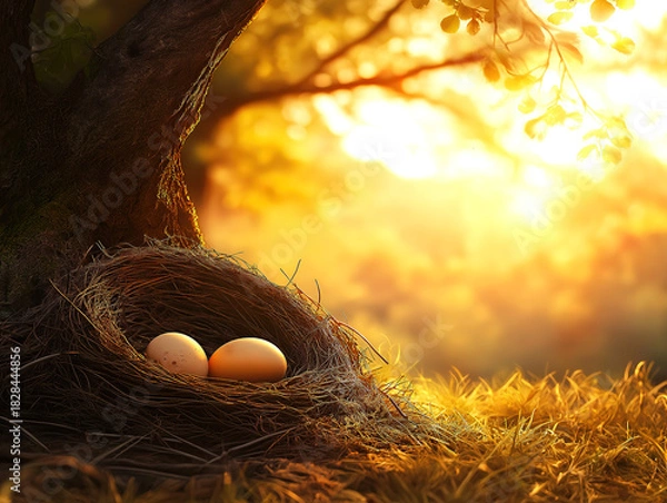 Obraz A Nest with Two Eggs in Soft Light Under the Glow of a Golden Sunrise