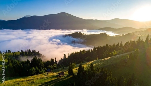 Fototapeta Sunrise illuminates mountain range, green slopes, misty valley, and forested foreground