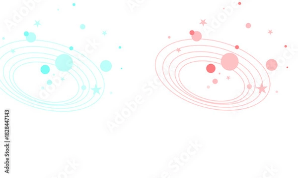 Obraz Abstract cosmic vector design pink and blue planets with orbits and stars isolated on white background