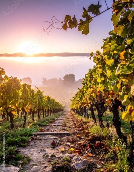 Fototapeta Sunrise illuminates rows of grape vines in an autumn vineyard, fog in the distance
