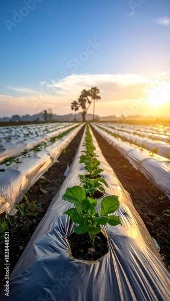 Fototapeta Sunrise illuminates rows of young plants in a field covered by plastic mulch