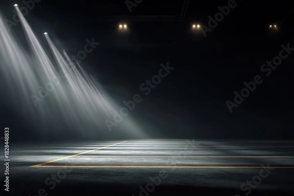 Fototapeta Lights shine in an empty parking lot at night, creating a dramatic atmosphere with shadows and reflections