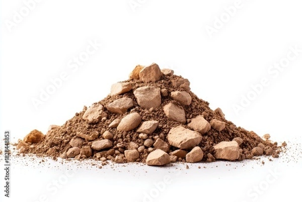 Fototapeta Mount of natural brown soil with various stone sizes on a white background