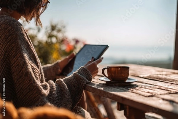 Fototapeta Relaxing morning with coffee and tablet in a sunlit garden setting