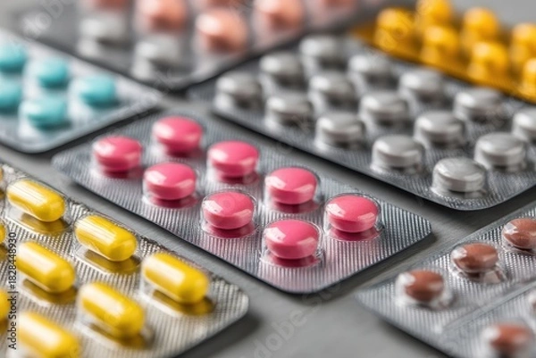 Fototapeta Different types of pills and capsules arranged in packs on a flat surface for medical use