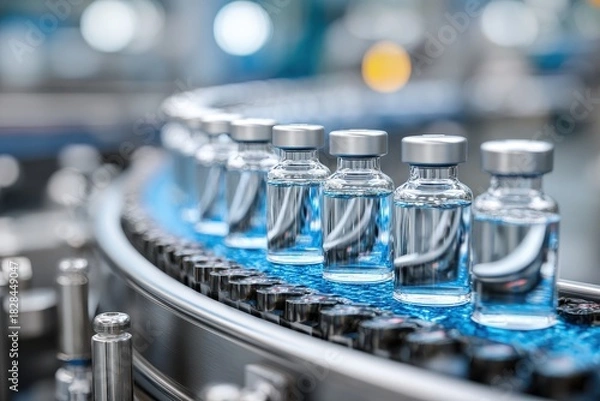 Fototapeta Vials of medicine move along a production line in a pharmaceutical facility during daylight hours